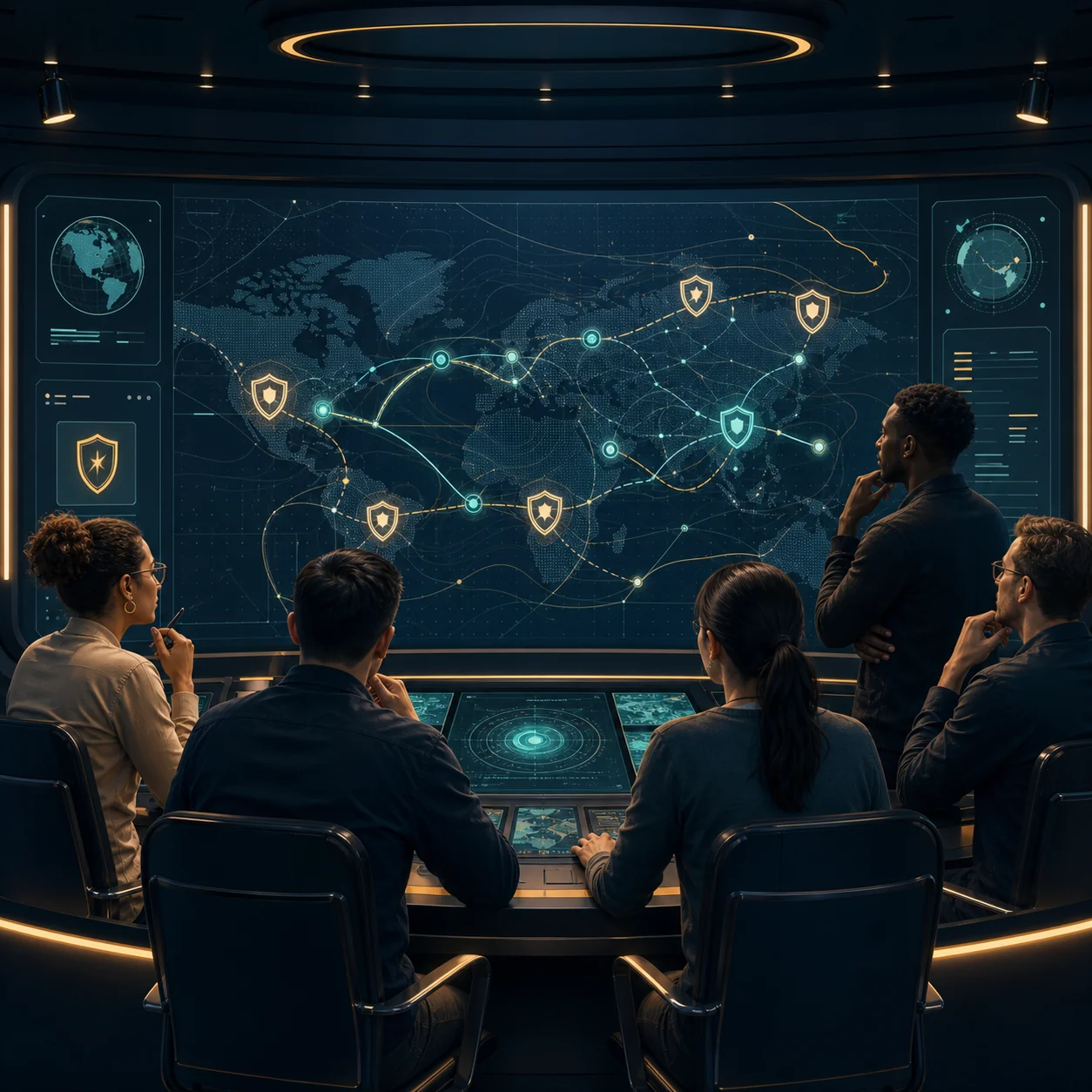Cybersecurity learners studying a global threat navigation display